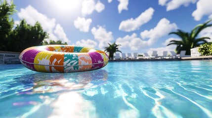 Wall Mural - bright sunny day with a colorful pool raft drifting in a clear swimming pool