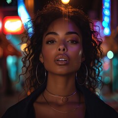 Wall Mural - Beautiful woman with silver hoop earrings walking down city street at night.