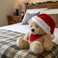 teddy bear in Santa hat on bed