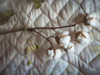 Cotton Plant Bolls on Quilted Fabric Background