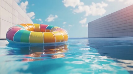 Wall Mural - sunny day pool scene with a colorful raft floating peacefully in the swimming pool