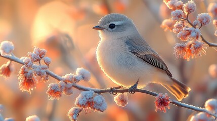 Wall Mural - Charming small bird perched on a frosted branch adorned with delicate pink blossoms, set against a dreamy pastel background during early morning light