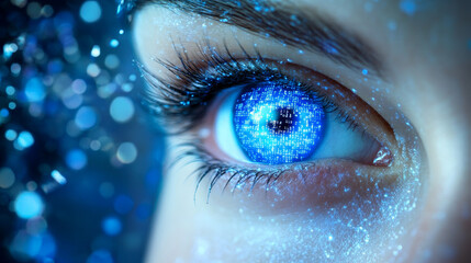 abstract technology science concept eye digital link and binary hi tech on blue background
