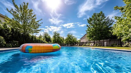 Wall Mural - peaceful swimming pool with a brightly colored pool raft floating in the sun