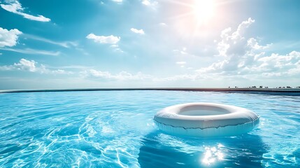 bright swimming pool with a pool raft floating under clear skies and the sun shining down