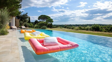 Wall Mural - colorful pool raft floating in a clear pool under the warm sun on a beautiful day
