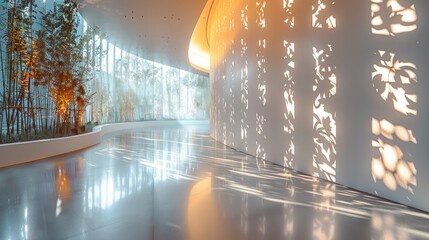 Poster - Interior design featuring large perforated wall screens with botanical patterns, illuminated from behind, projecting a dance of light and shadows onto the ground.
