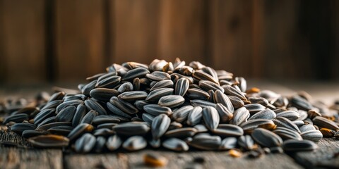 Poster - A heap of sunflower seeds arranged artistically on a wooden background, showcasing the natural beauty of sunflower seeds in a rustic setting. Perfect for highlighting sunflower seeds in photography.