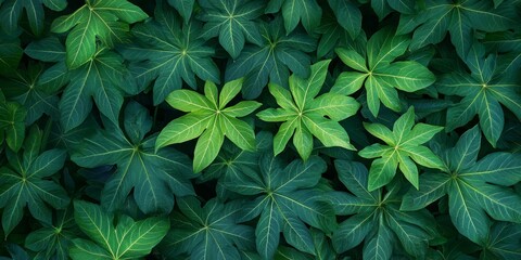 Poster - Top view of vibrant papaya tree leaves showcasing their unique shape and texture, creating a stunning pattern. The lush green papaya tree leaves add beauty to any garden or landscape.