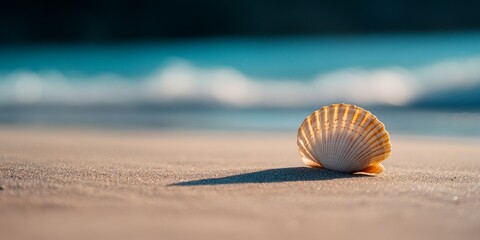 Poster - Sea shell resting on sandy beach by the seashore, beautifully highlighted against the morning sea, featuring a captivating shallow depth of field that emphasizes the sea shell.