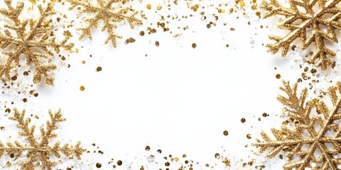 Poster - Christmas frame adorned with gold snowflakes creates a festive atmosphere. The border features sequin confetti, enhancing the glittery powder and sparkling background for a joyful holiday feel.