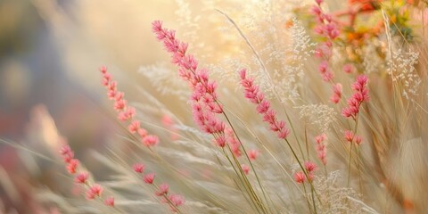 Poster - Blurred flowers along a roadside during morning hours create a serene scene. Grass flowers, including the Natal redtop and ruby grass, bloom beautifully in an urban park with autumnal touches.