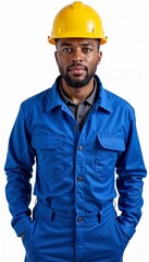 Wall Mural - African American construction worker in blue uniform with yellow hard hat on white background. For construction sites, industrial facilities, technical supervision, engineering works