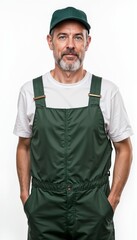 Wall Mural - Mature man in green overalls with cap on white background. For landscaping services, garden maintenance, agricultural work, warehouse operations, facilities management, technical service.