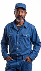 Wall Mural - Mature African American man in blue workwear on white background. For manufacturing facilities, technical maintenance, production lines, industrial operations, warehouse logistics.