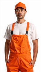 Wall Mural - Man in orange overalls with cap on white background. For warehouse logistics, delivery services, road works, technical maintenance, moving companies, installation teams, municipal services.