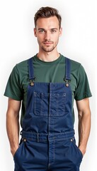 Wall Mural - Man in navy denim overalls with green t-shirt on white background. For repair workshops, carpentry shops, renovation teams, technical maintenance, craft studios.