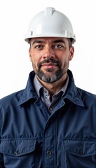 Wall Mural - Man in navy workwear with white hardhat on white background. For construction sites, industrial facilities, technical supervision, engineering works, project management.