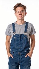 Wall Mural - Young man in denim overalls with gray t-shirt on white background. For repair workshops, renovation teams, carpentry shops, furniture assembly, craft studios.