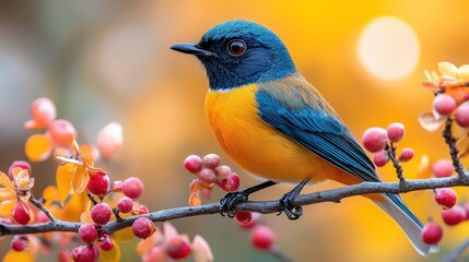 Wall Mural - Vibrant Bird Perched on Branch Among Colorful Berries and Golden Background, Capturing the Beauty of Nature and Wildlife in a Blurred Autumn Scene