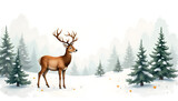 Watercolor painting, reindeer and Christmas tree in panoramic scale style