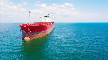 Bright red cargo ship sailing on turquoise waters under a clear blue sky. Maritime transportation and global trade concepts beautifully depicted.