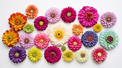 Wall Mural - Beautifully arranged collection of various bright colored zinnia flowers on a clean white background  Vivid floral display with diverse hues and patterns