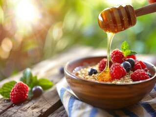 Honey Drizzled Oatmeal Topped with Fresh Berries