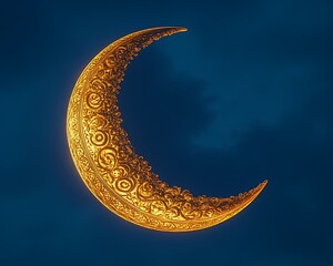 ornate golden crescent moon against a dark blue night sky. (1)