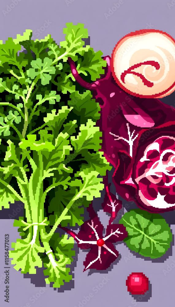 Salad rucola, frisee, radicchio and lamb's lettuce, pixel art, with ...