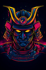 Wall Mural - A vibrant, stylized illustration of a samurai helmet and face, blending tradition with modern art.