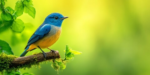 Wall Mural - Stunning wide angle image featuring a beautiful blue bird perched against a vibrant green background. This captivating blue bird is the Tickell s Blue Flycatcher Cyornis tickelliae .