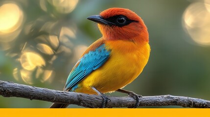 Wall Mural - Vibrant Tropical Bird Perched on a Branch with Colorful Feathers and Blurred Background in Natural Habitat Surrounded by Soft Light Bokeh Effects