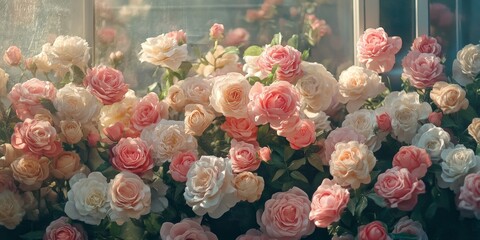 Sticker - An array of artificial pink and white roses adorns a glass door, creating a beautiful flowers backdrop in the afternoon light. This stunning display of flowers enhances the visual appeal, focusing on