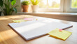 © ON - Studio - Creative workspace with blank paper and colorful sticky notes illuminated by sunlight