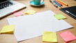 © ON - Studio - Creative workspace setup with colorful sticky notes, blank paper, and stationery on wooden desk
