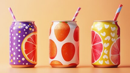 Wall Mural - Colorful tin cans filled with refreshing fruit drinks displayed against a pastel background in a bright and cheerful arrangement