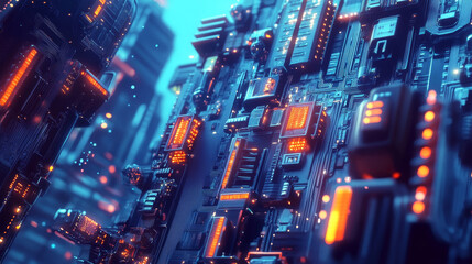 Poster - Digital AI concept, circuit board. Square on blue background, beautiful futuristic technology.