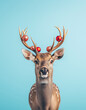 © Popovo - A creative portrait of a deer with large antlers decorated with Christmas baubles in the spirit of New Year, standing against a solid icy blue background