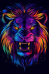 Wall Mural - A vibrant, colorful illustration of a lion's face with intense features and a dynamic mane.