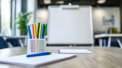 A workspace with markers, paper, and a blank whiteboard, ready for brainstorming or planning.