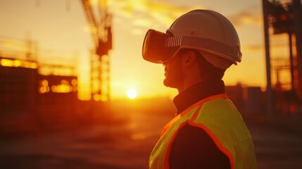 Aufkleber - A construction worker experiences virtual reality technology to visualize real estate plans during a sunset. The vibrant sky sets a perfect backdrop for innovative building solutions and planning.