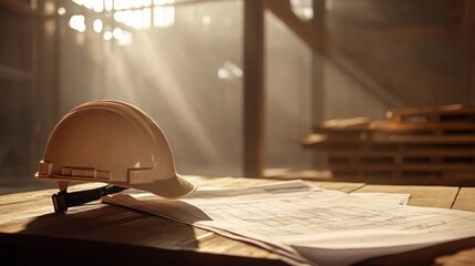 Aufkleber - A safety helmet rests on a wooden table alongside detailed construction plans. Sunlight streams through the workspace, creating an inspiring atmosphere for real estate projects under development.