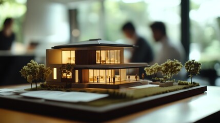 Aufkleber - A detailed model of a contemporary house is displayed on a table in a modern office.