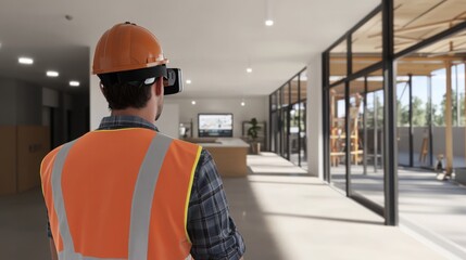 Leinwandbilder - A construction worker wearing a hard hat and virtual reality headset examines an open office space.