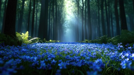 Poster - Blue wildflower idea. A serene forest scene with vibrant blue flowers carpeting the ground beneath tall trees.
