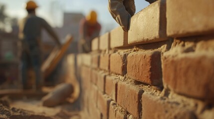 Aufkleber - Skilled laborers are busy constructing a brick wall in a new real estate project at sunset. The warm light enhances the building activity, showcasing teamwork and craftsmanship in action.