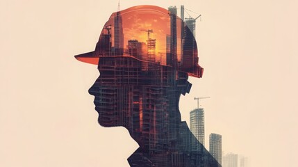 Aufkleber - A silhouette of a construction worker wearing a safety helmet is overlaid with skyline images of cranes and buildings at sunset.