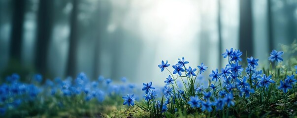 Poster - Blue wildflower idea. Beautiful forest landscape featuring vibrant blue flowers and soft, misty background.