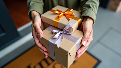 High resolution photo of hands holding a brown gift box with a ribbon